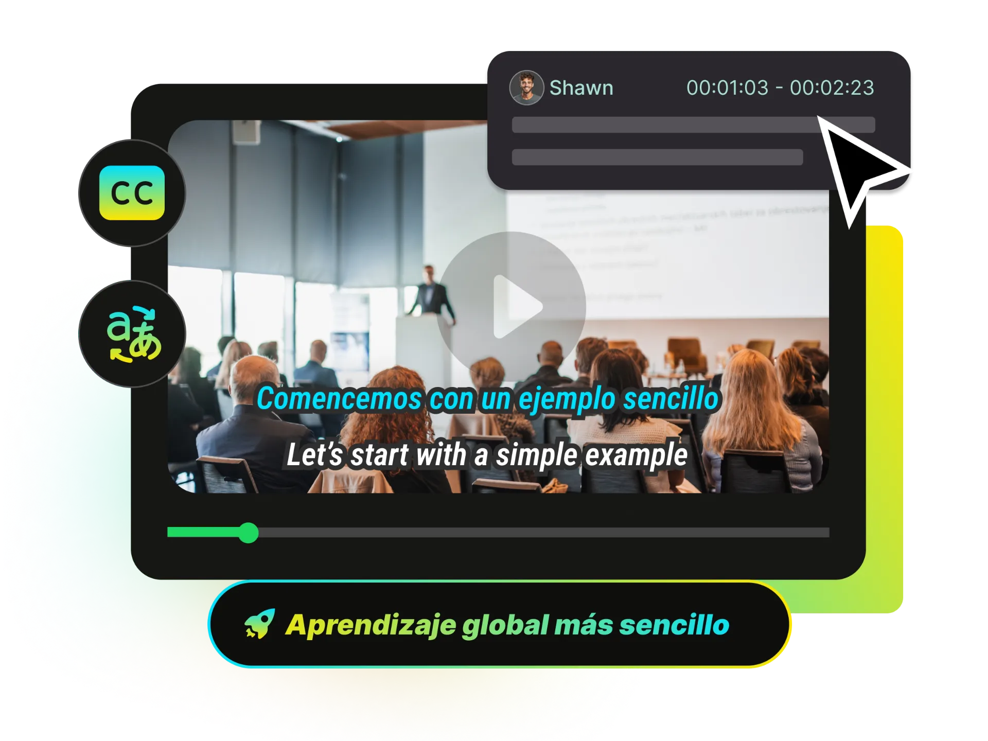 Laptop screen with an online class showing translated subtitles